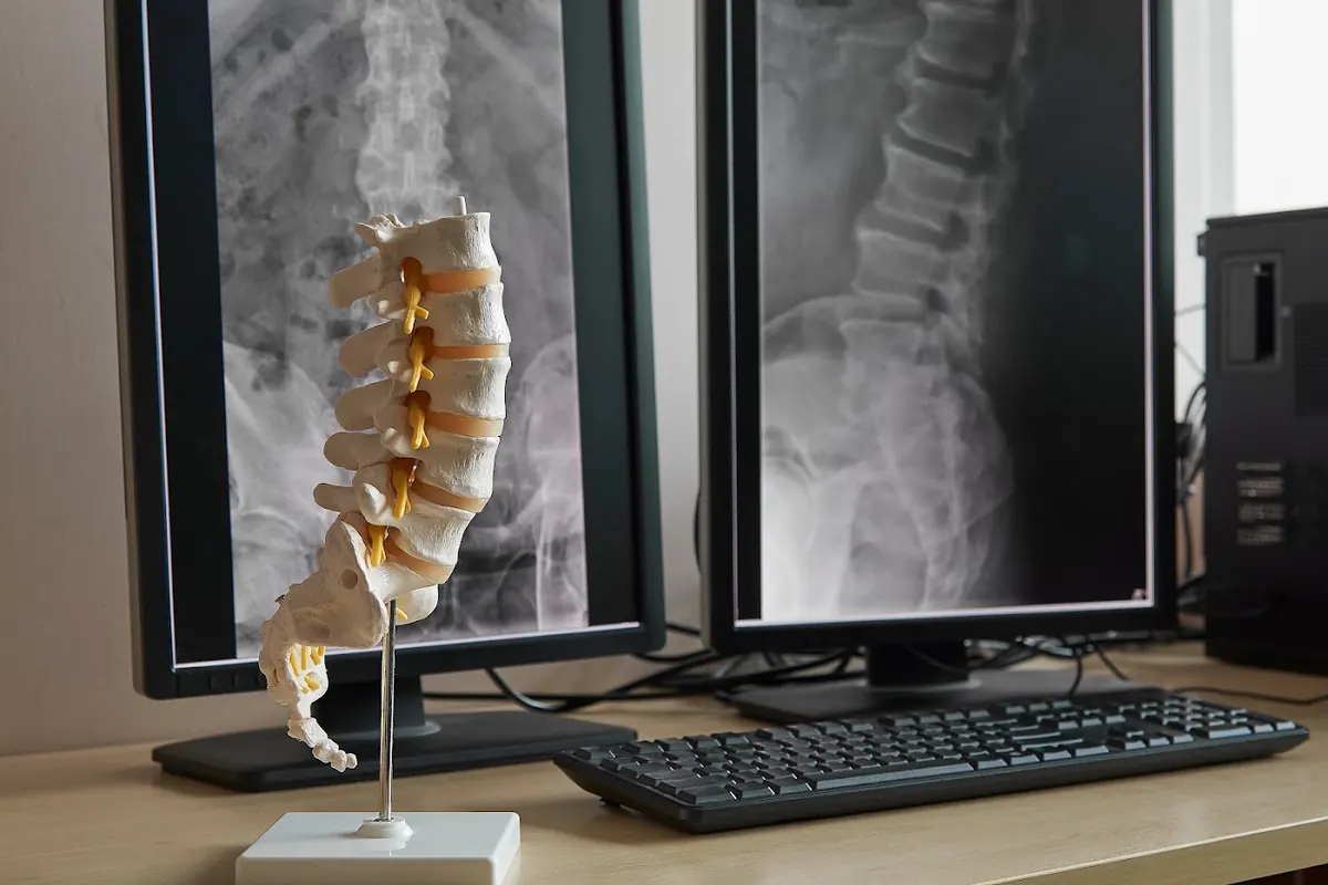 X-ray films and a spine model on Dr. Neda's desk